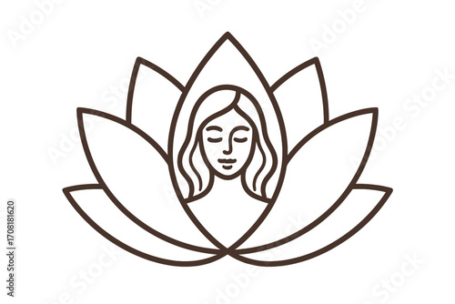 Linear lotus flower emblem with elegant woman outline, spa beauty salon logo, wellness and mindfulness concept, vector cartoon illustration, nature inspired design, transparent background