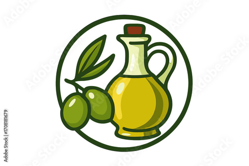 Olive oil bottle and green olives vector illustration. Gourmet Mediterranean food symbol. Healthy cooking ingredient. Cartoon glass cruet. Fresh harvested olives branch. Natural organic product logo.