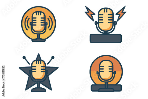 Microphone Podcast Logo Set Vector Cartoon Illustration Collection, Vibrant Retro Vintage Microphones for Radio Broadcasting Podcast Emblem Badge Icon, Transparent Background Audio Design