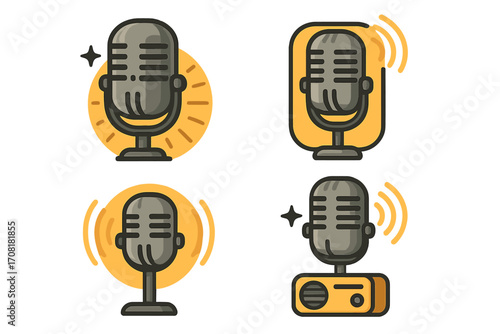 Vector cartoon microphone set for radio and podcast logo design, seamless transparent background, comic style audio equipment collection, broadcasting and voice recording icons