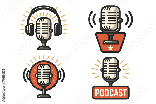 Retro microphone podcast logo set. Vintage radio mic icons with headphones, sound waves, rays. Broadcast, audio recording, livestream, media, music talk show symbol. Cartoon illustration collection