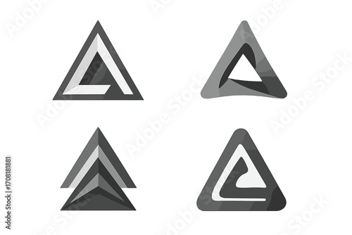 Set of abstract grayscale triangle logos, modern geometric vector designs, minimalist icons collection, creative business symbols, transparent background, ordered shapes, versatile branding elements
