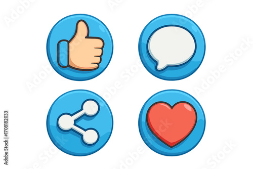 Social media 3D circle icon set with thumbs up, comment, share, and love symbols, colorful vector cartoon illustration, transparent background, ordered collection for digital use