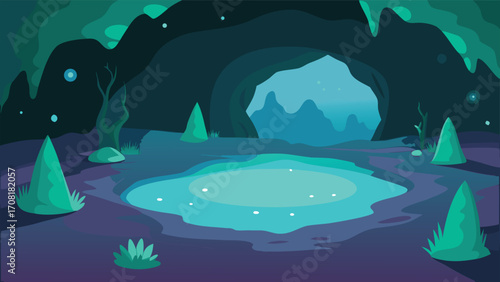 Mysterious glowing underground cave pool with crystalline formations vector illustration