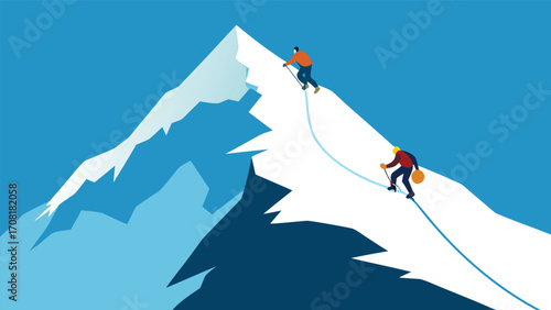 Vector illustration of mountaineers ascending snowy peak sky illustration