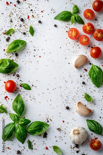 Fresh Ingredients Including Basil, Cherry Tomatoes, Garlic, and Spices Await Culinary Mastery