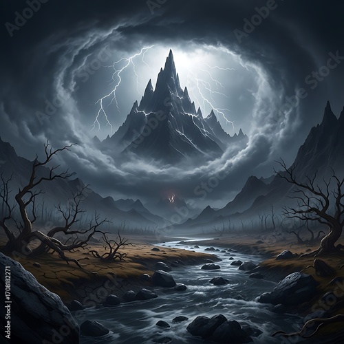 A dramatic mountain peak pierces a swirling vortex of storm clouds, casting a dark and ominous mood over the barren landscape.