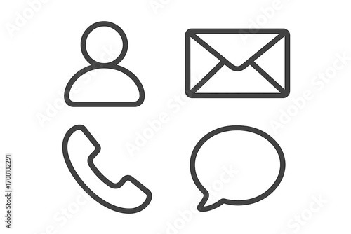 Linear Style Communication and Contact Icons Set Including Person Profile, Phone, Message Bubble, and Envelope Email Symbol, Vector Cartoon Illustration, Minimal Outline, Transparent Background