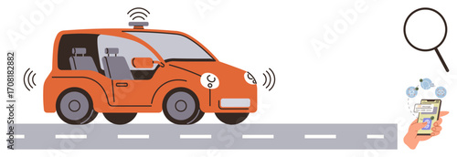 Self-driving car emitting signals while navigating the road via smartphone control. Ideal for tech, mobility, innovation, transportation, connectivity, future trends, and simple flat metaphor