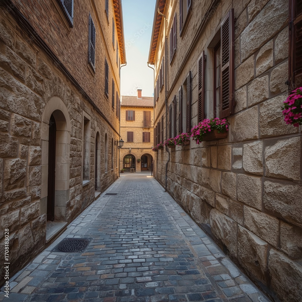 Obraz premium Rustic narrow alley in a historic town, afternoon light and authentic architecture.