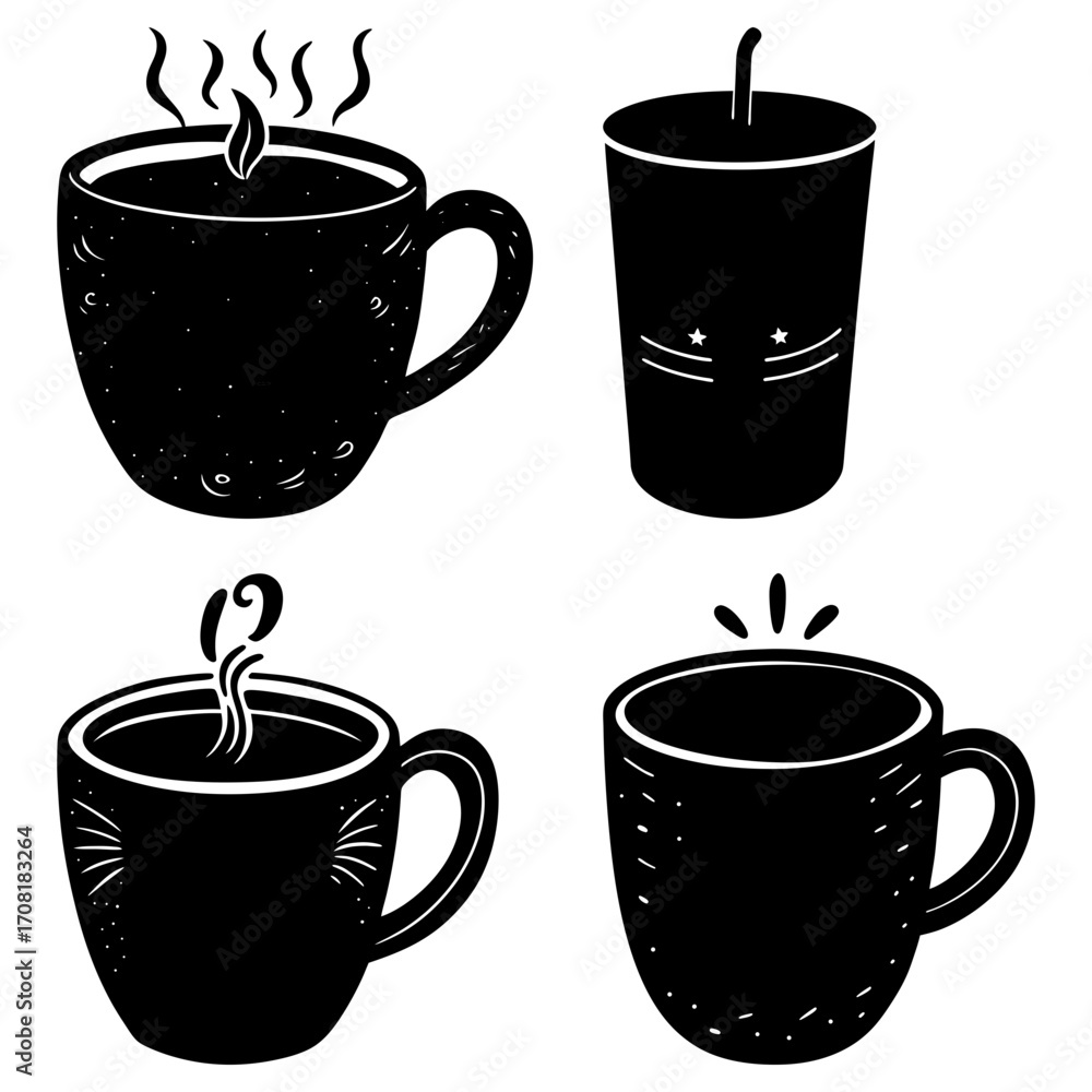 Obraz premium Illustration of four black and white coffee cups and a beverage container with steam and simple designs