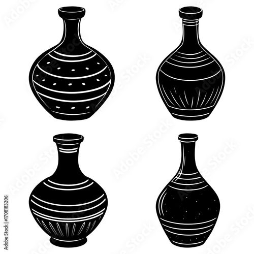 Illustration of four black and white decorative vases with unique patterns and varying shapes on a white background