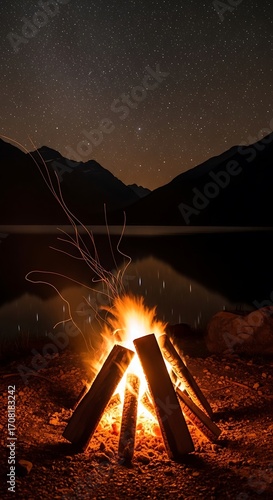 A captivating campfire glows brightly amidst a starlit night sky over a serene lake and dark mountains.