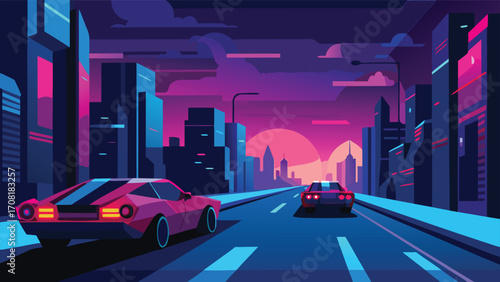 Neon city high speed chase futuristic vector illustration with cyberpunk vibes