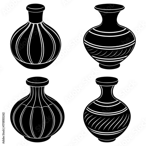 Illustration of four black and white vases with different designs and shapes on a white background