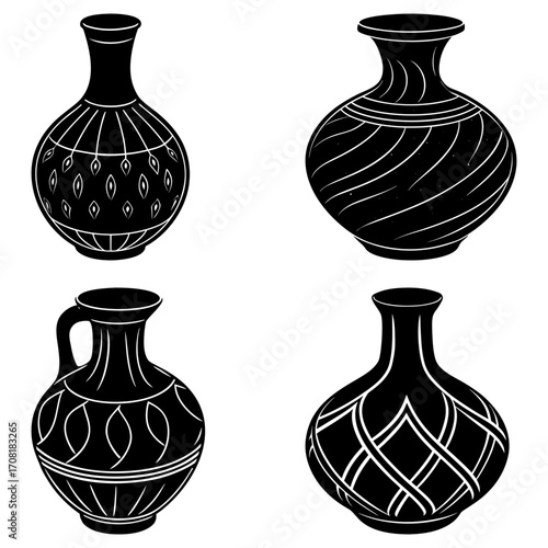 Illustration of four black and white decorative vases with different shapes and patterns displayed together
