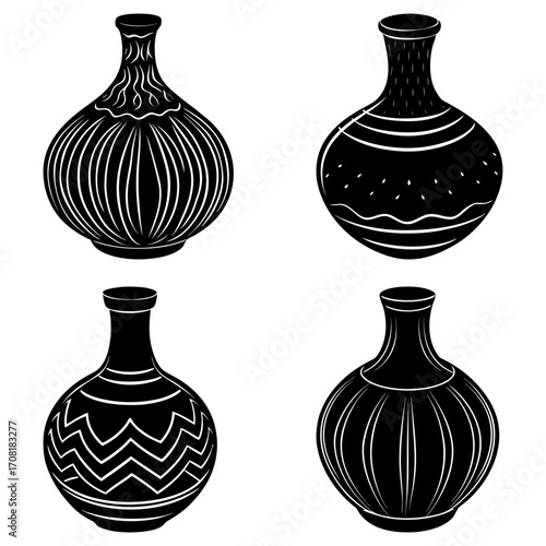 Collection of four black and white vases with different patterns and shapes on a white background
