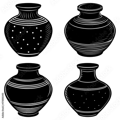 Collection of four black and white vases with varying shapes and decorative patterns arranged in a grid