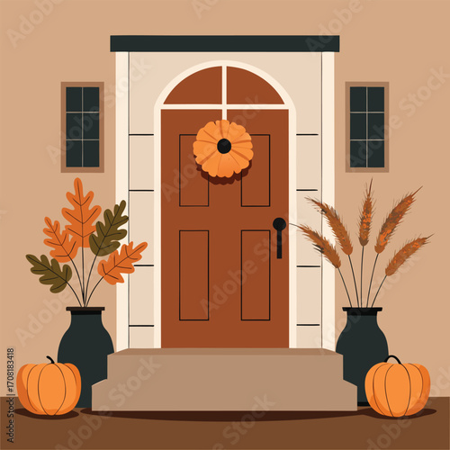 Fall Front Porch Décor with Pumpkins and Autumn Leaves