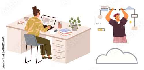Woman typing at desk with books, coffee, and plant man arranging connected blocks in workflow chart. Ideal for productivity, remote work, teamwork, planning, organization, creativity simple flat