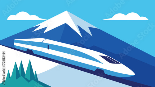 High speed bullet train speeds through majestic mountain landscape vector illustration