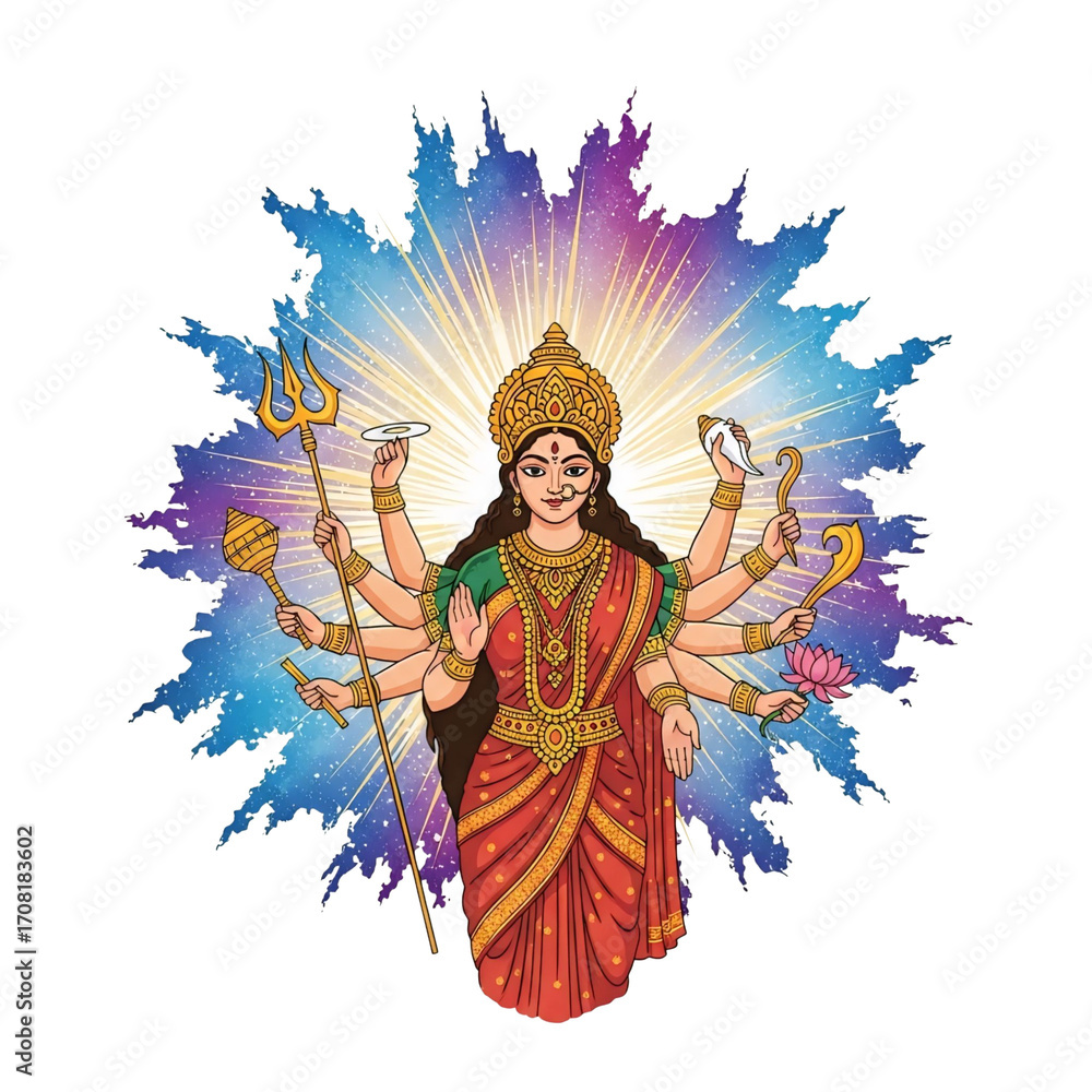 Fototapeta premium Hindu goddess durga with multiple arms and radiant aura isolated on transparent background