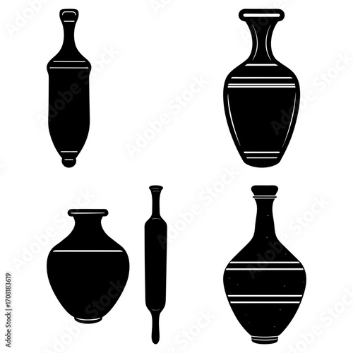 Illustration showing a collection of various shaped vases and a rolling pin in a black and white drawing