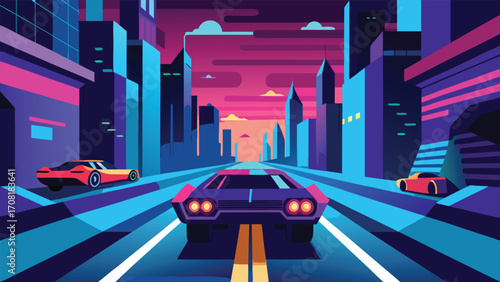 Futuristic city high speed car chase neon lights vector illustration