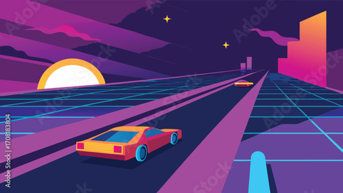Retrofuturistic synthwave car race through neon digital grid landscape