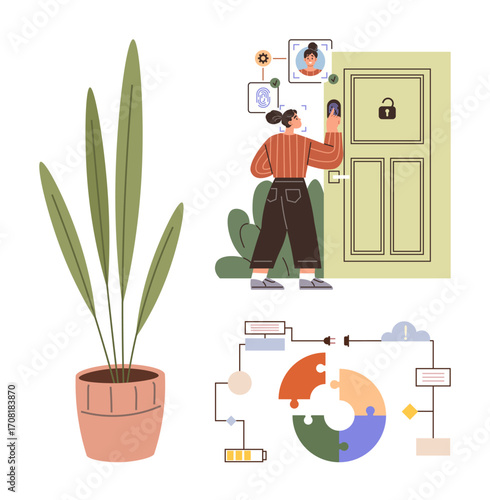 Individual unlocking a smart door with facial recognition, tall potted plant nearby, and a colorful flowchart diagram. Ideal for innovation, security, technology, access control, data flow, project