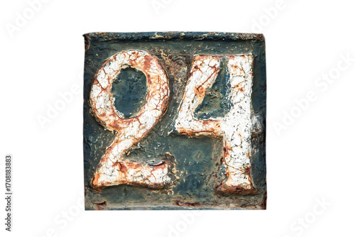 Old retro weathered cast iron plate with number 24 isolated on white background