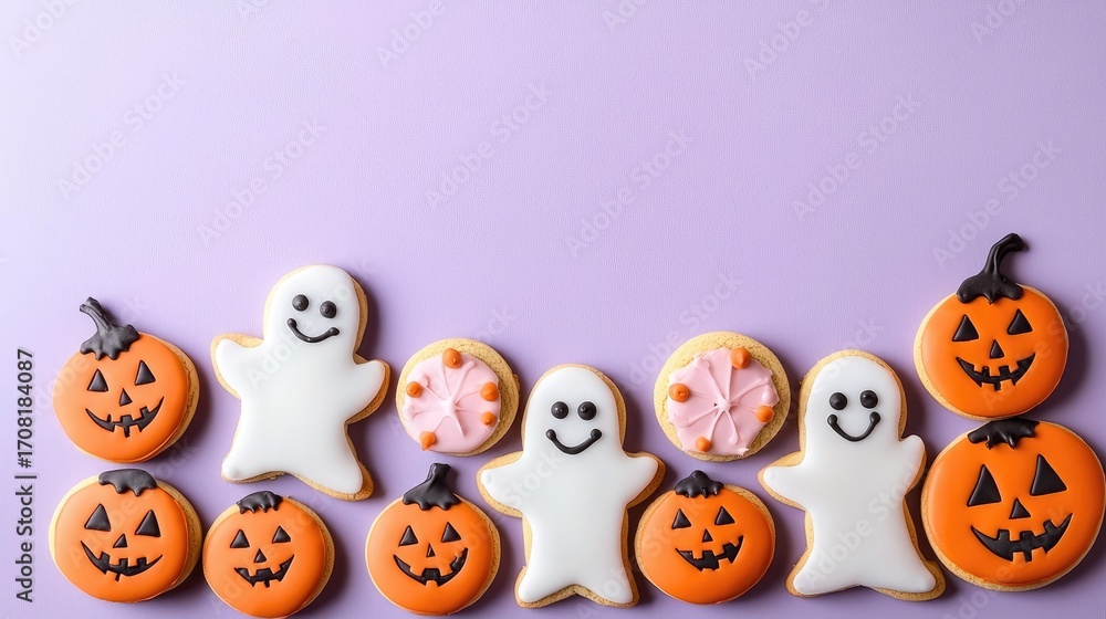 Obraz premium A delightful assortment of playful Halloween cookies featuring smiling ghost and pumpkin designs, perfect for festive celebrations or treat tables during the spooky season.