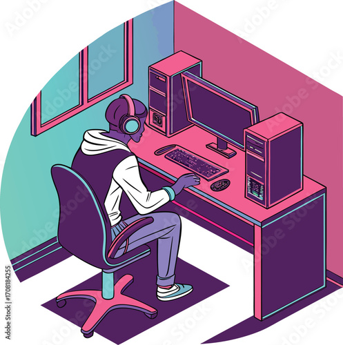 vector illustration of a man working on a computer