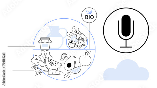 Fresh produce, bio label, and digital voice assistant over cloud backdrop. Ideal for health, tech innovation, sustainability, communication, digital marketing, automation simple landing page