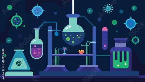 High-tech bioluminescent laboratory experiment with glowing flasks and scientific research equipment