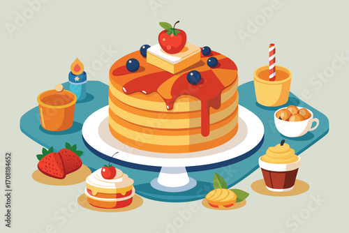 Delicious Pancake Stack with Fruits and Desserts