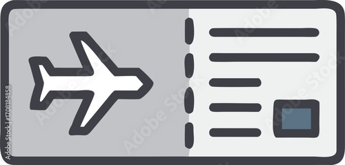 Illustrated icon of an airplane ticket showing flight information and destination
