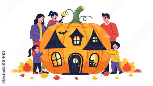 Happy Halloween: a family is gathering, preparing for a happy halloween in front of a pumpkin house. Capture the Halloween atmosphere with joy and the sense of family unity.