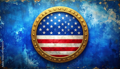 Wallpaper Mural Veterans Day Tribute: Close-up of a weathered American flag in a gold circular frame against a textured blue background, patriotic mood. Torontodigital.ca