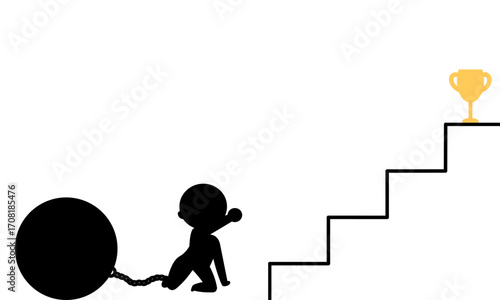 A silhouette person chained to a heavy ball struggling to climb stairs toward a golden trophy, symbolizing life burdens, challenges, and the determination to achieve success.