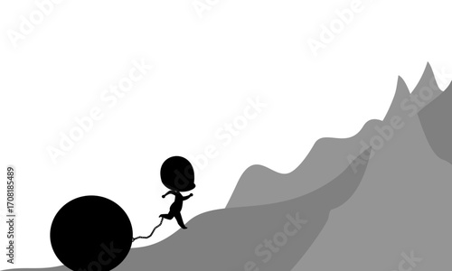A silhouette person chained to a heavy ball while climbing a mountain, symbolizing life burdens, challenges, and perseverance on the journey to success.