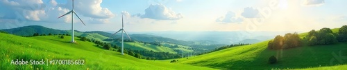 Stunning panoramic view of a lush green landscape with wind turbines and solar panels, symbolizing sustainable energy and environmental conservation , wind farm, environmental protection, panorama