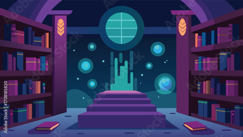 Magical enchanted library with floating books and mystical atmosphere