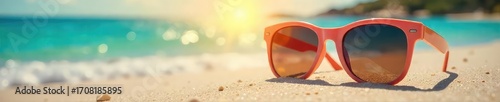Stylish sunglasses resting on a vibrant summer beach scene, reflecting the bright sun Perfect for travel, vacation, and summer vibes imagery , eyewear, sunshine
