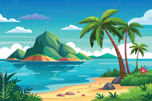 tropical island with palm trees and rocks