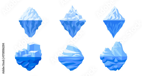 Collection of geometric icebergs in flat art style on white background