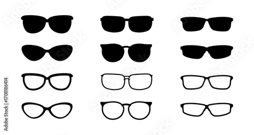 Collection of silhouette and outline sunglasses in various styles on white background