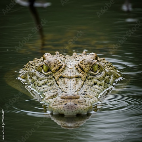 Close-up view of a crocodile's head emerging from still, dark water, showcasing intricate scales and intense eyes.
