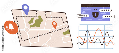 Map with location markers, alert icon, secure password lock panel, and line chart. Ideal for navigation, tracking, analytics, cybersecurity alert systems data insights and tech solutions. Simple