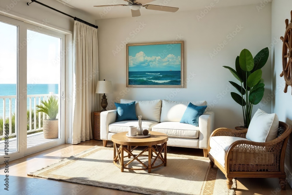 Fototapeta premium Sun-Drenched Coastal Living Room Nautical Decor, Summer Vacation Rental Interior
